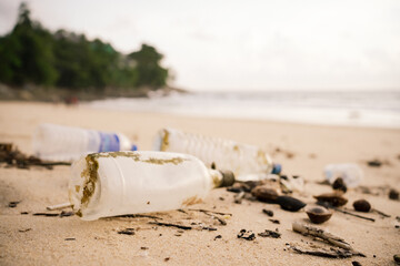 Plastic water bottles pollution on beach sunset.Empty used dirty plastic bottles.