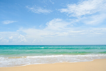 Landscape waves nature splashes beach sunlight.Blue sea waves and sky on sand famous beach.clean...