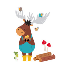 Horned Elk as Forest Animal in Rubber Boots Holding Nest with Birds Vector Illustration
