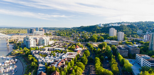 Aerial view of Portland skyline along Willamette river