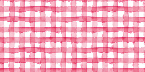 Watercolor Check Geometric Seamless Pattern Background. Plaid in Pink Girly Color. Hand Painted Simple Design with Stripes.