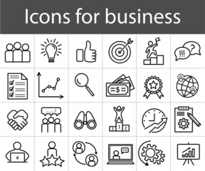 Icons for business in line style. Idea, people, communication, business, money, communication, motivation, search, development. Simple vector illustration