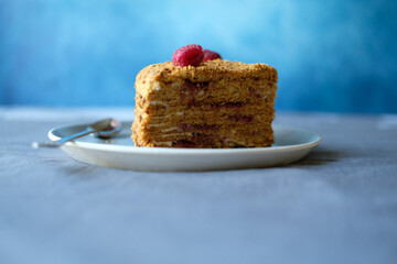 A piece of cake on a plate on a navy blue background. Front view