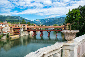 Bridge over the river in the town of Bassano del grappa, vicenza, italy