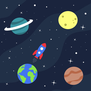 The rocket flies over the Earth to the Moon. Space background with stars and planet. Vector illustration