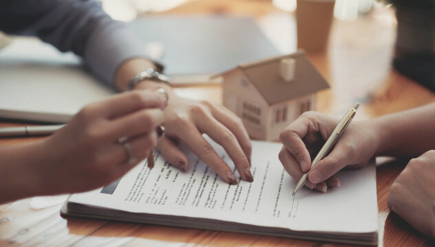 Cropped image of real estate agent assisting client to sign contract paper at desk with house model