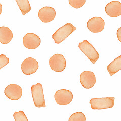Hand Painted Brush Stroke Dot Seamless Watercolor Pattern. Abstract watercolour shapes in Orange Color. Strokes and Blots. Artistic Design for Fabric and Background