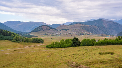 Fototapeta na wymiar Panoramic view to Omalo mountain village in Tusheti nature reserve. Georgia