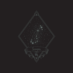 Sketch tattoo scorpio constellation with title in a retro frame. Vector linear isolated diamond-shaped astrological illustration with rhombus, star system, ribbon and zodiac sign for print