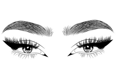 Fototapeta premium Hand drawn female sexy luxurious eye with perfectly shaped eyebrows and full eyelashes. Idea for a business card, vector typography. Perfect eyes look