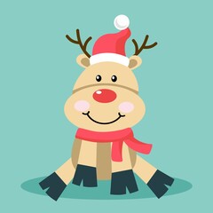 The deer is funny, in a hat and scarf. Vector illustration in a flat style. The concept of Christmas and New Year.