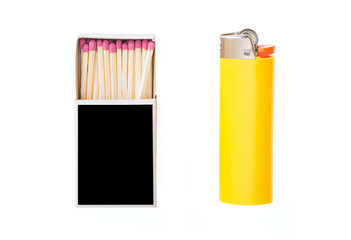 Matchbox and a lighter on isolated on white