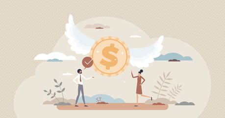 Angel investor with entrepreneurship funding money coin tiny person concept. Initiative investment, idea financing and financial support for new businesswoman or start up company vector illustration.