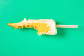 top view shredded pork popsicle with the last bit on a green background