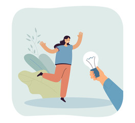 Hand holding lightbulb for happy cartoon girl. Friend or colleague giving idea to woman flat vector illustration. Inspiration, innovation, startup concept for banner, website design or landing page