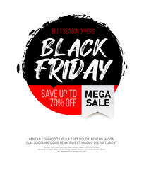 Black Friday inscription on abstract black ink round spot, for sale and discount, template for your banner or poster.