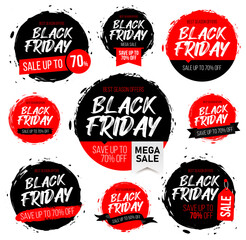 Obraz premium Large set of ink abstract round red and black Black Friday banners for sale and discount. Template for your banners or posters.