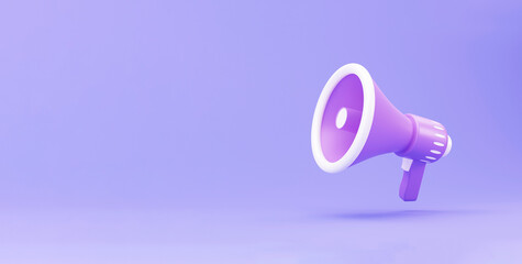 realistic 3d megaphone, loudspeaker minimal concept. Megaphone on purple background. 3d render illustration