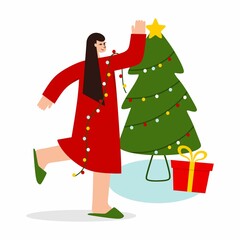 Fototapeta na wymiar A girl dresses up a Christmas tree. The concept of Christmas and New year. Vector illustration.