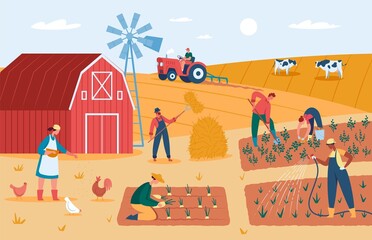 Farmers working at farm, harvesting crops, feeding animals. Countryside farmland with barn, windmill, garden and field vector illustration. Autumn landscape with tractor and people