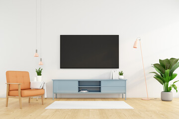 Minimalist living room with Tv cabinet on the white wall and orange armchair. 3d rendering