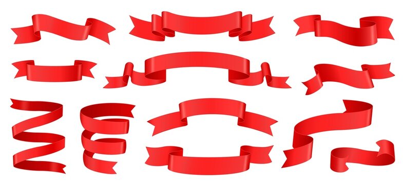 Realistic red ribbons, silk banner decoration element. Empty curled tape labels for product sale, discount offer banners. 3d ribbon vector set. Glossy decorative objects for advertisement