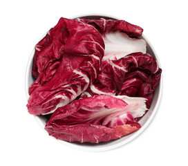 Leaves of ripe radicchio in bowl on white background, top view