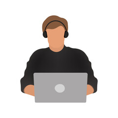 Home office concept, online education. Man with headphones and a laptop working from home, student or freelancer. Vector illustration in flat style.