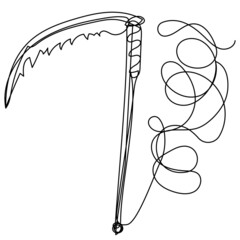 Scary scythe in one line on a white background. Vector illustration of the weapon of Death for the harvest of souls. Element for Halloween holidays.
