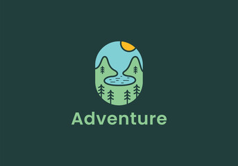 Emblem mountain and lake adventure logo icon vector template