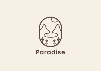 Emblem mountain and lake adventure logo icon vector template with line art style.