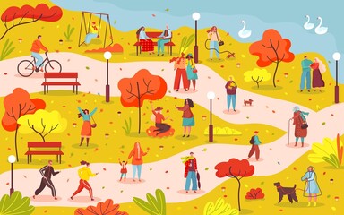 People walking in autumn city park, riding bike and walk dogs. Characters spend time outdoors in fall season park vector illustration. Couple running, friends taking photos and drinking coffee