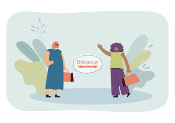 Women with shopping bags greeting while social distancing. Female characters meeting in street flat vector illustration. Coronavirus, pandemic concept for banner, website design or landing web page