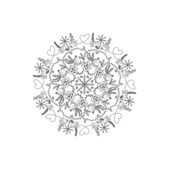 Christmas black and white mandala of winter elements  for coloring, self design, print, wallpaper and background 