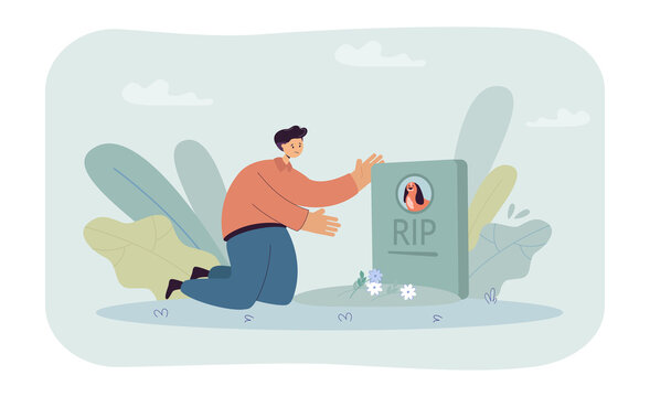 Sad cartoon man putting flowers on grave of dog in pet cemetery. Male character sitting in front of gravestone with photo of puppy flat vector illustration. Pets, death concept for landing web page