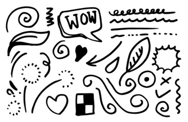 set of doodle design elements isolated on a white background for design concepts like flag, leaves, light, heart, underlines, arrows and others.