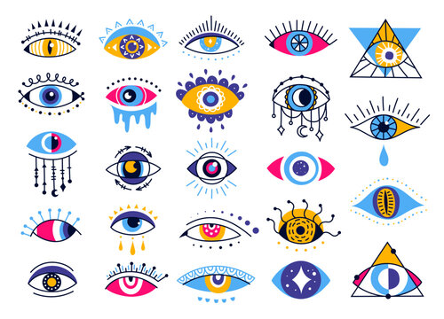 Mystic evil eyes, esoteric ethnic eye elements. Providence or protection talisman symbol, magic occult amulet, mystical oracle eye vector set. Lucky or sacred tattoo icons isolated