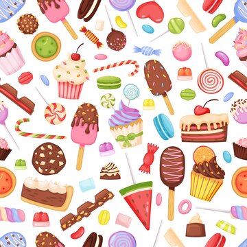 Cartoon sweets and candies, delicious desserts seamless pattern. Cupcake, chocolate, lollipop, ice cream. Bakery and confectionery background. Tasty cakes and sweets for fabric or textile