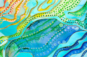 Rainbow artwork texture with with watercolor spots and marble elements.