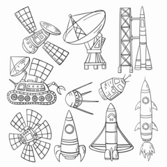 Set of hand-drawn doodle space object, starship, rocket and symbols. 