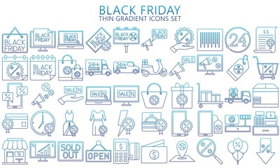 Fototapeta na wymiar Black Friday gradients outline Icon set isolated on a white background. store, discount, sales, marketing, shopping symbols for mobile apps, UI or UX kit and applications, EPS 10 ready convert to SVG