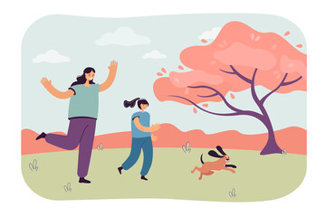 Fototapeta na wymiar Happy cartoon mother and daughter running after puppy outside. Woman and little girl with dog in park flat vector illustration. Family, pets, outdoor activity concept for banner or landing web page