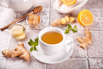 Refreshing ginger tea with lemon, mint leaf and honey