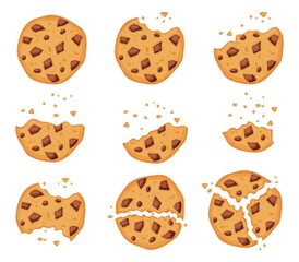 Crumbled oatmeal cookies with chocolate chips, bitten biscuit. Cartoon broken cookie pieces, sweet crisp biscuits with crumbs vector set. Choco homemade cracker snacks or treat for dessert