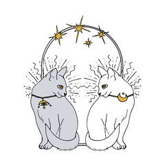 Vintage Mystic Cats and stars inside arch drawing print