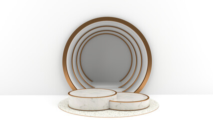 3D rendering of Round marble pedestal, golden border and white floor, white walls with circular arches. The golden frame can be used for advertising Isolated on minimal white background, illustration.