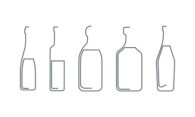 Bottle continuous line tequila, vodka, vermouth, rum and wine in linear style on white background. Solid black thin outline. Modern flat style graphic design. Logo element illustration.
