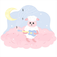 cute lamb playing ukulele lullaby on pink cloud with moon and notes