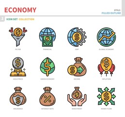 economy icon set,filled outline style,vector and illustration