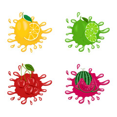 Set of colorful fruit splashes with fresh juicy lemons limes cherries and watermelon vector illustration